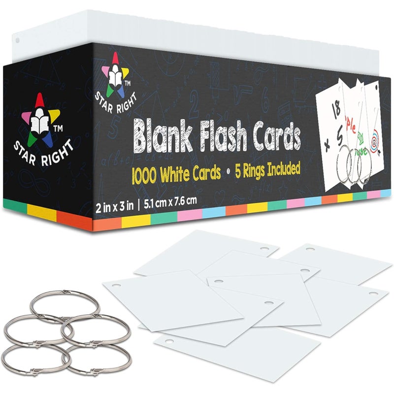 Star Right Assorted Colored Blank Flash Cards - 1000 Pre-Punched 2 x 3 Inch Index Notecards with Metal Rings - Blank Study Cards for School, Office and Organization Projects - Image 1